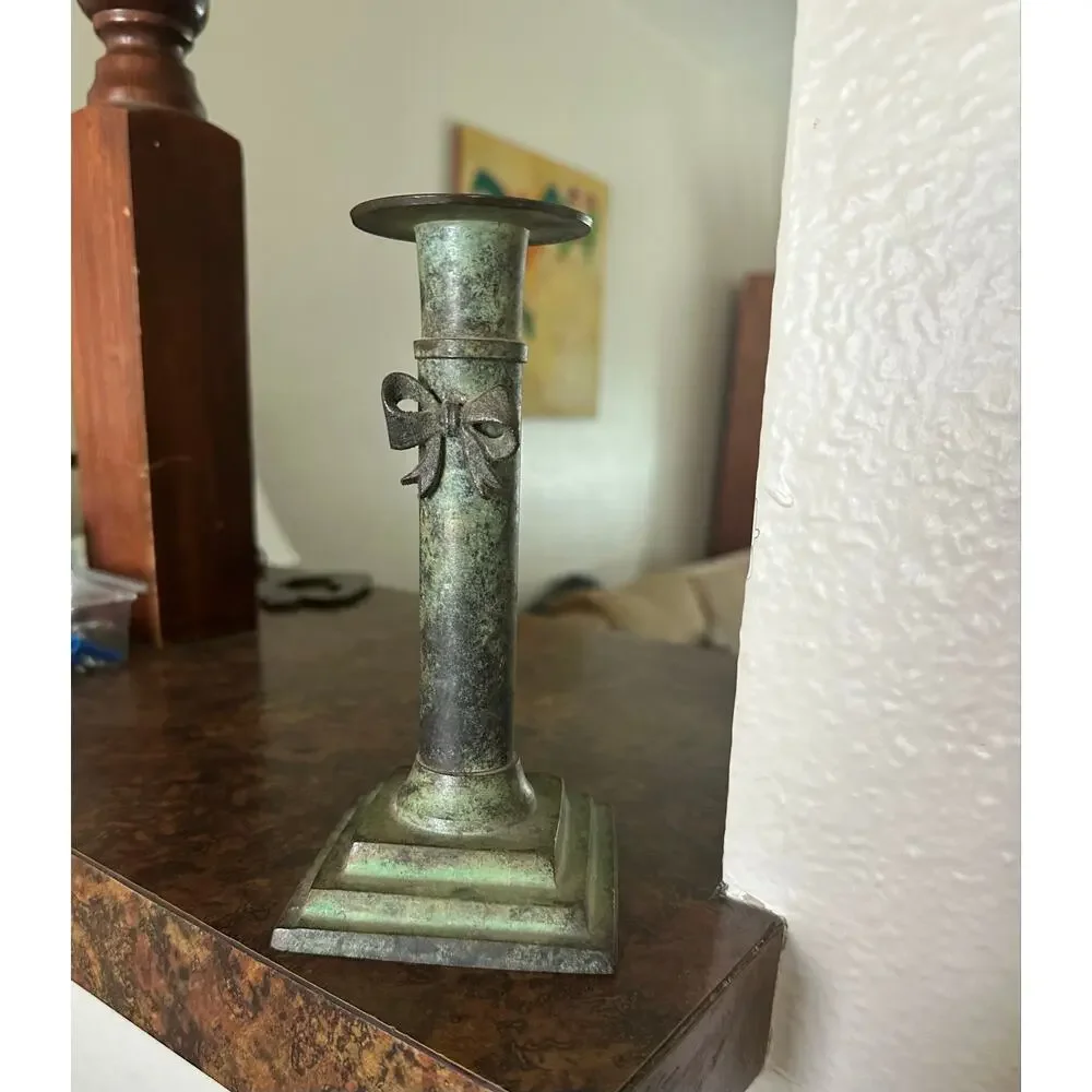 Green Patina Vintage metal candle holder bow cottagecore candelabra Victorian